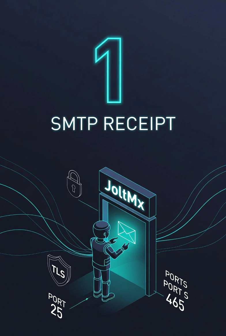 SMTP receipt illustration showing JoltMx accepting inbound email at the edge