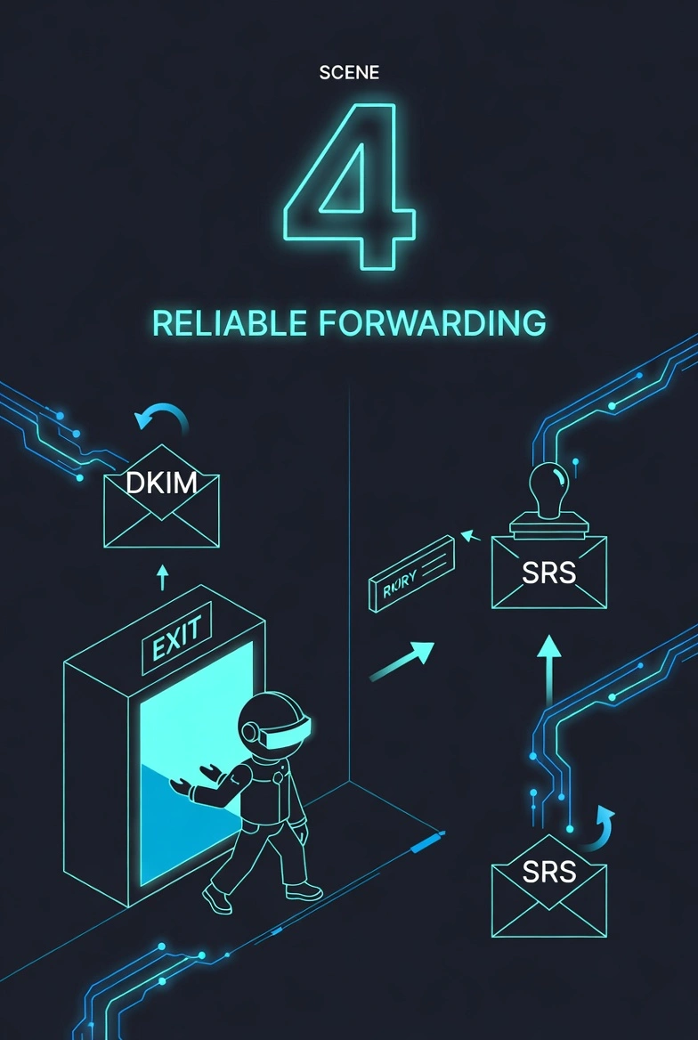 Reliable forwarding illustration showing final delivery with SRS