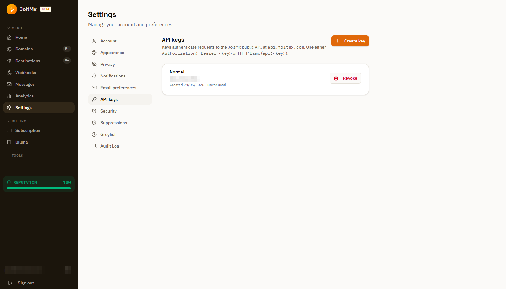 API keys for the JoltMx public API, created and revoked from settings