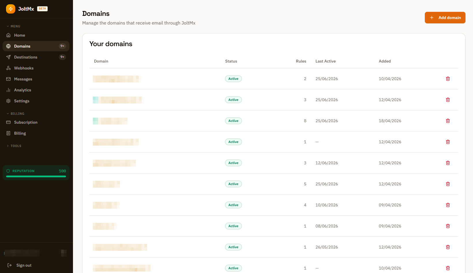 Every domain you receive mail for, with status, rule count and last activity