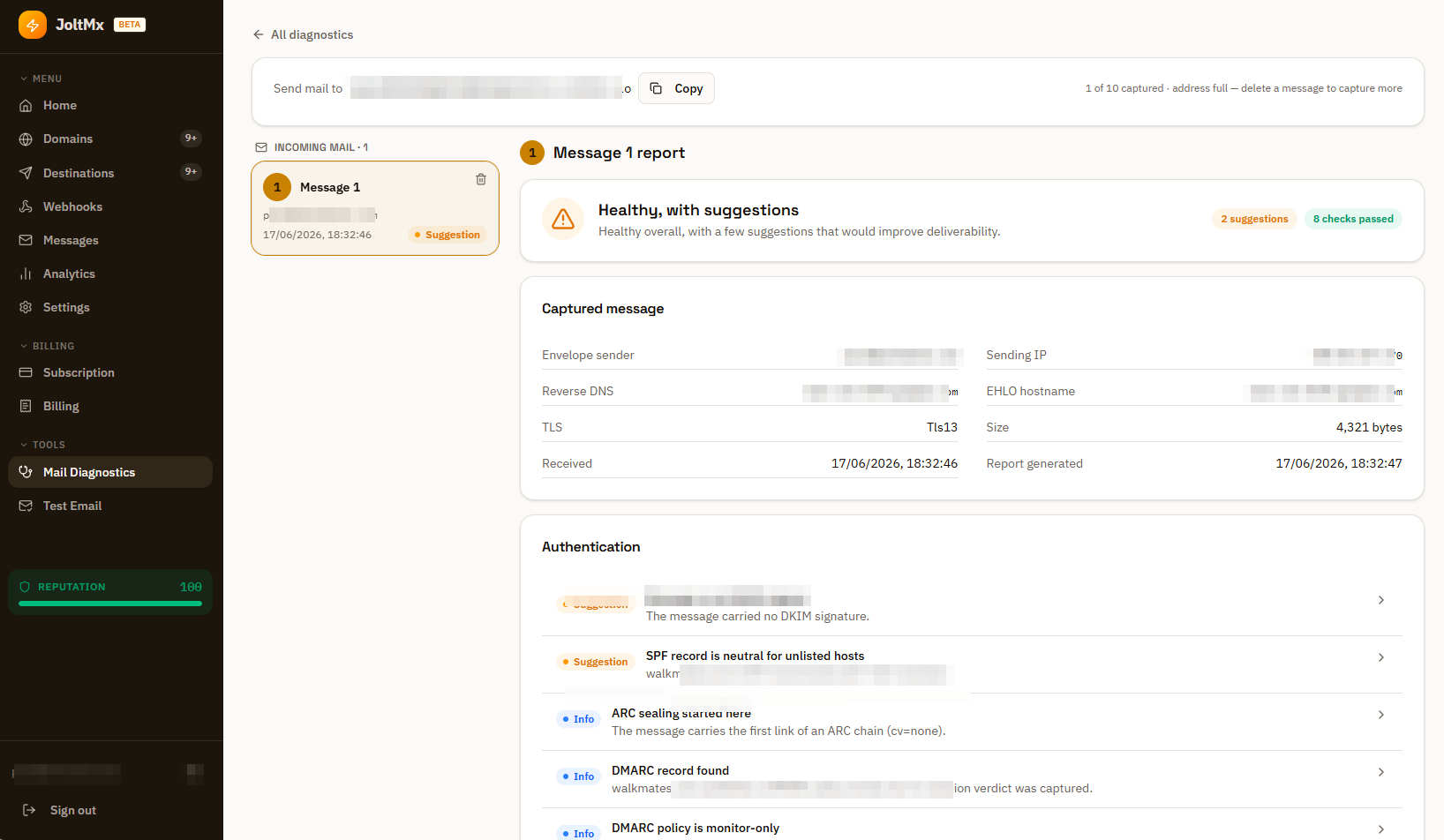 A graded diagnostic report across authentication, DNS, transport and reputation