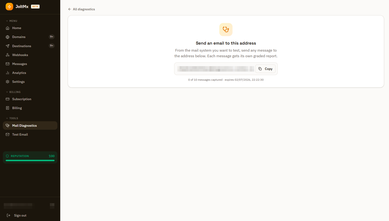 A one-off capture address — send any message to it from the system you want to test