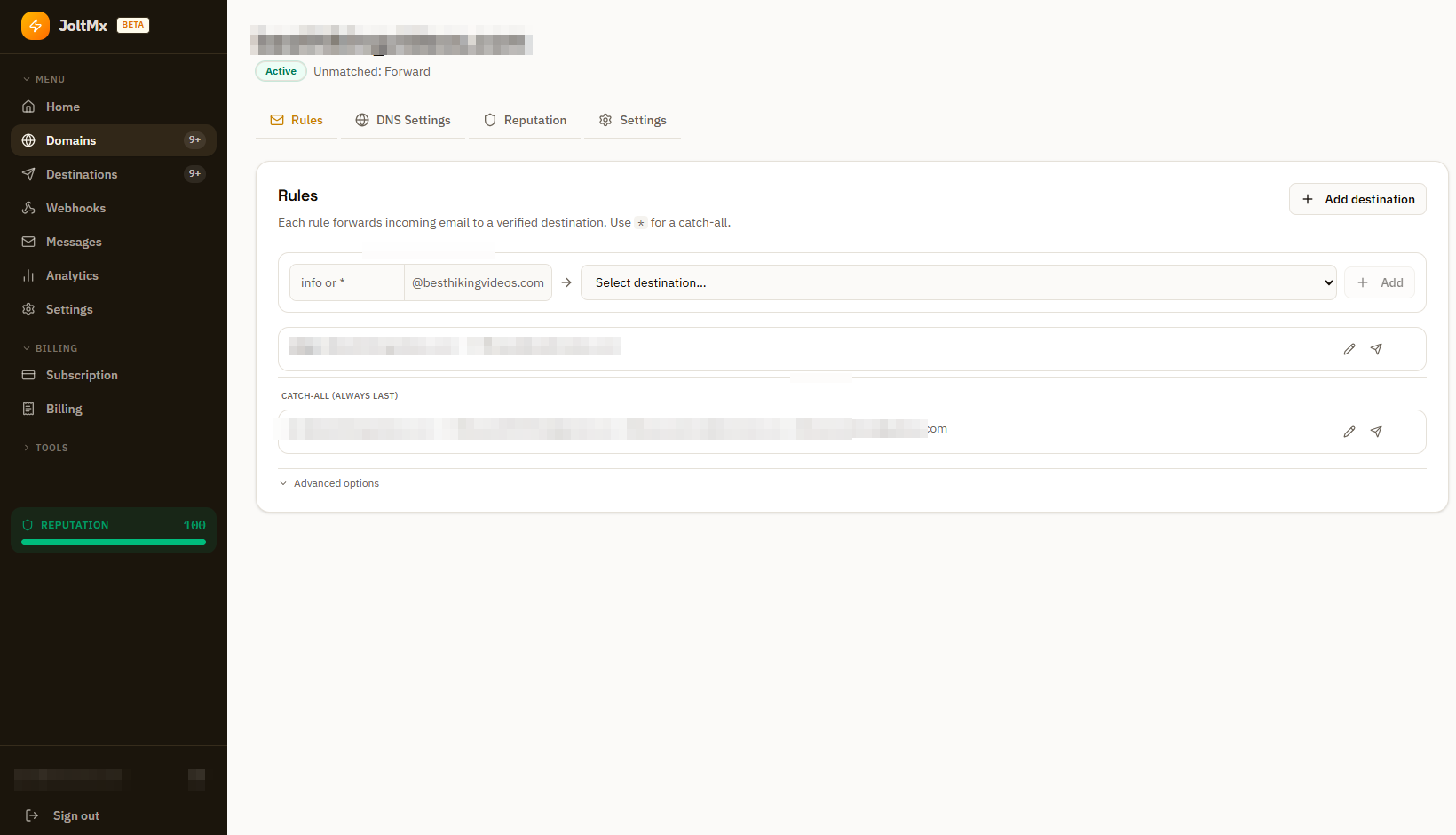Per-domain routing rules — exact aliases plus a catch-all fallback