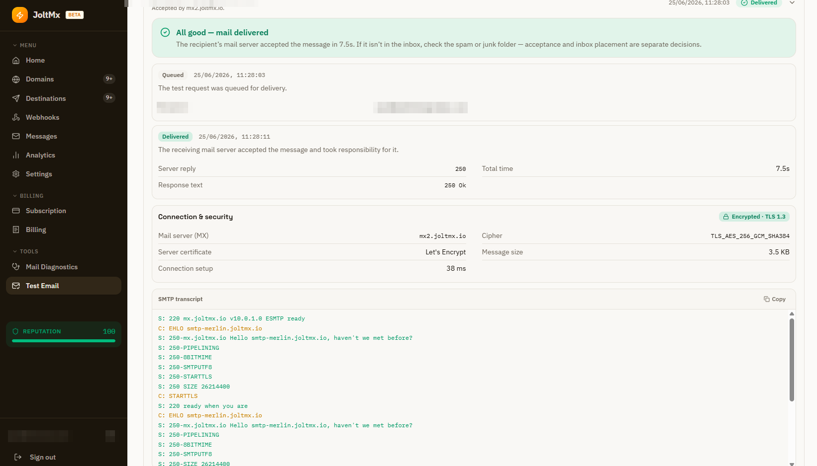 The full SMTP dialog for a test send — connection, TLS, server replies and timing