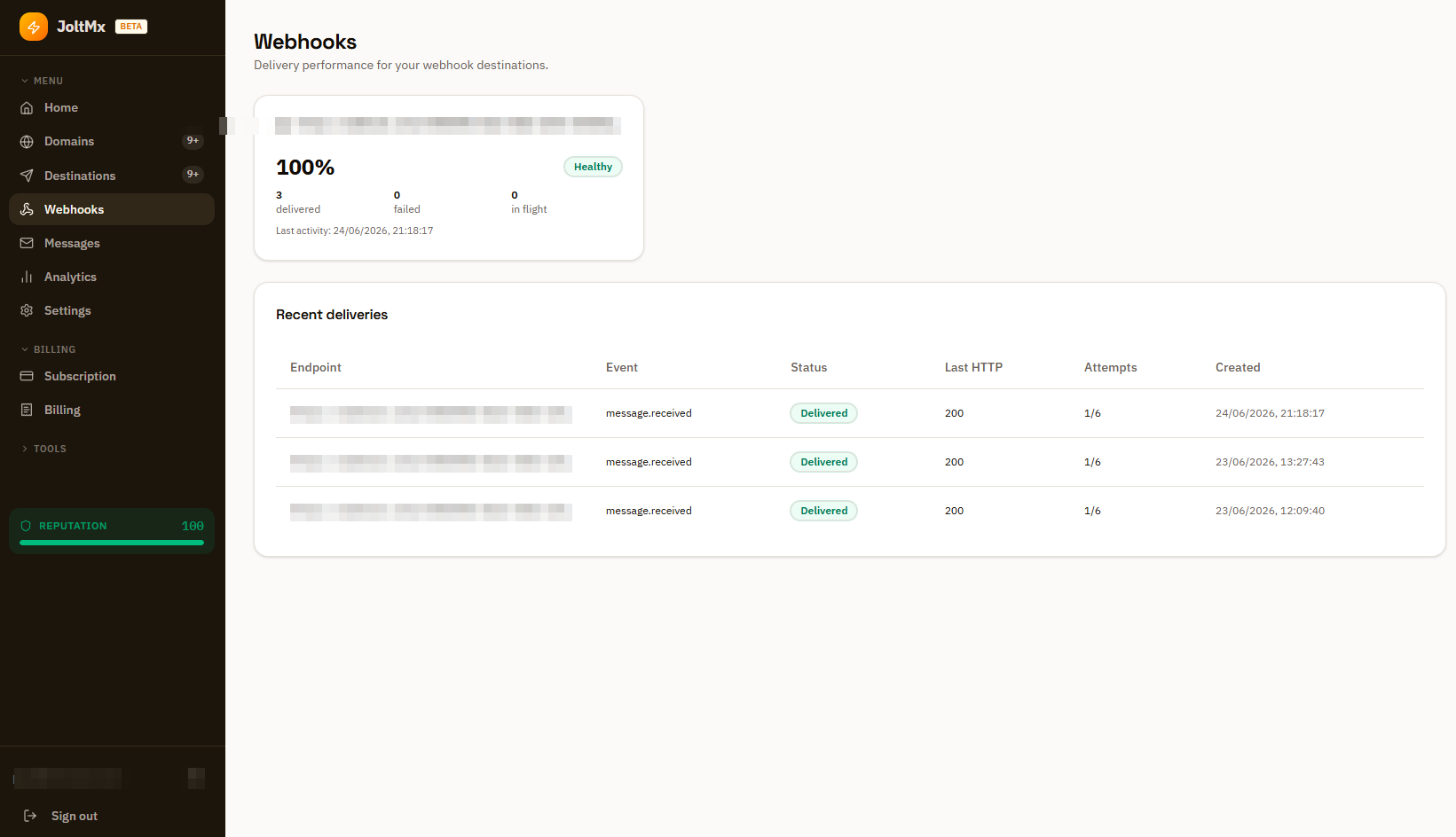 Outbound webhook delivery, with per-endpoint health and recent attempts